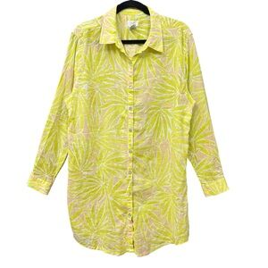 Sigrid Olsen Euro Summer Tropical Leaf Blouse Long Tunic Roll Sleeves Linen XL